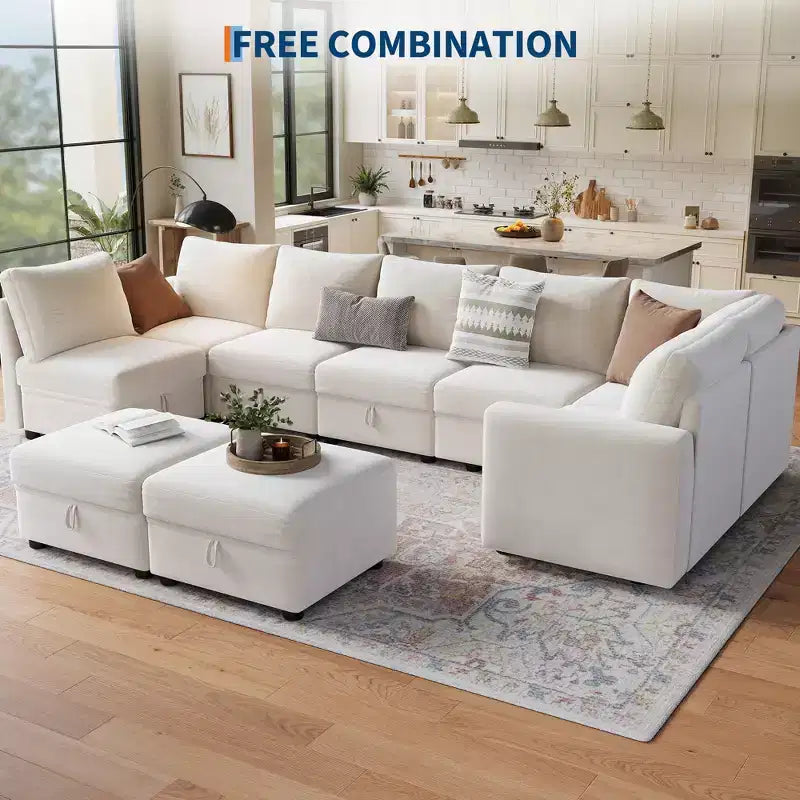 108-163 Modulares L/U-Sofa, 4-9 Sitzer Cloud Couch mit verstecktem Stauraum unter allen Sitzen, umbaubares Chenille-Schlafsofa mit Recamiere