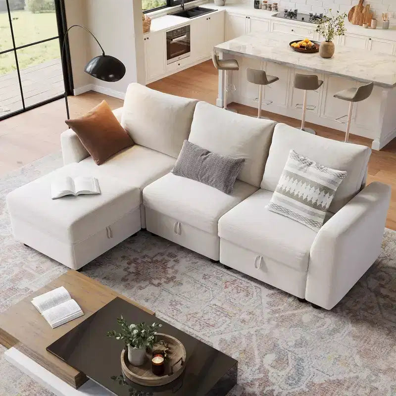 108-163 Modular L/U Sectional, 4-9 Seater Cloud Couch w/ Hidden Storage Under All Seats, Reversible Chaise Chenille Sleeper Sofa