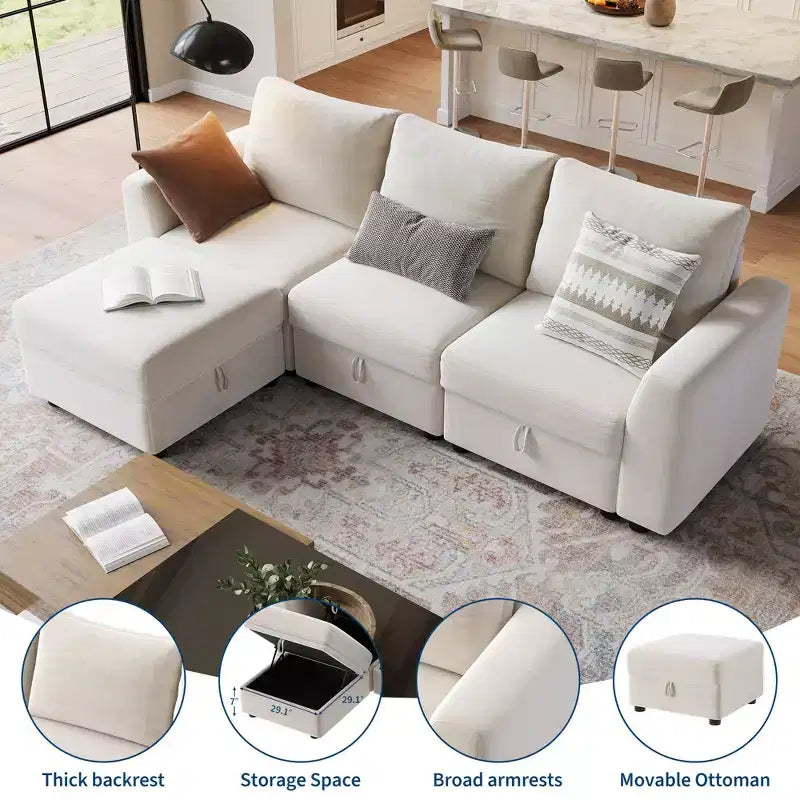 108-163 Modulares L/U-Sofa, 4-9 Sitzer Cloud Couch mit verstecktem Stauraum unter allen Sitzen, umbaubares Chenille-Schlafsofa mit Recamiere