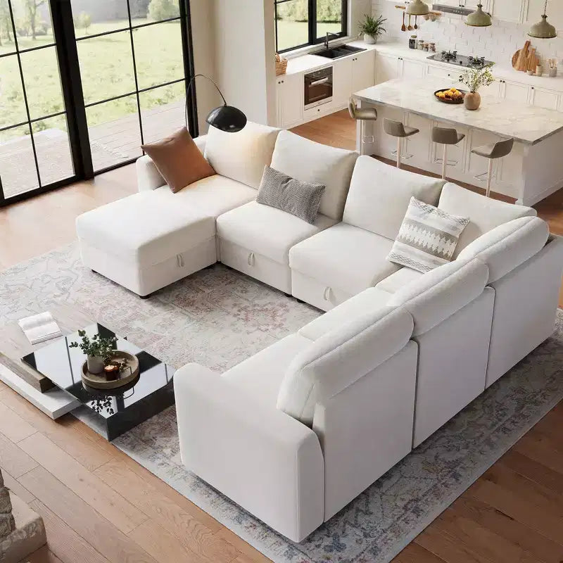 108-163 Modulares L/U-Sofa, 4-9 Sitzer Cloud Couch mit verstecktem Stauraum unter allen Sitzen, umbaubares Chenille-Schlafsofa mit Recamiere