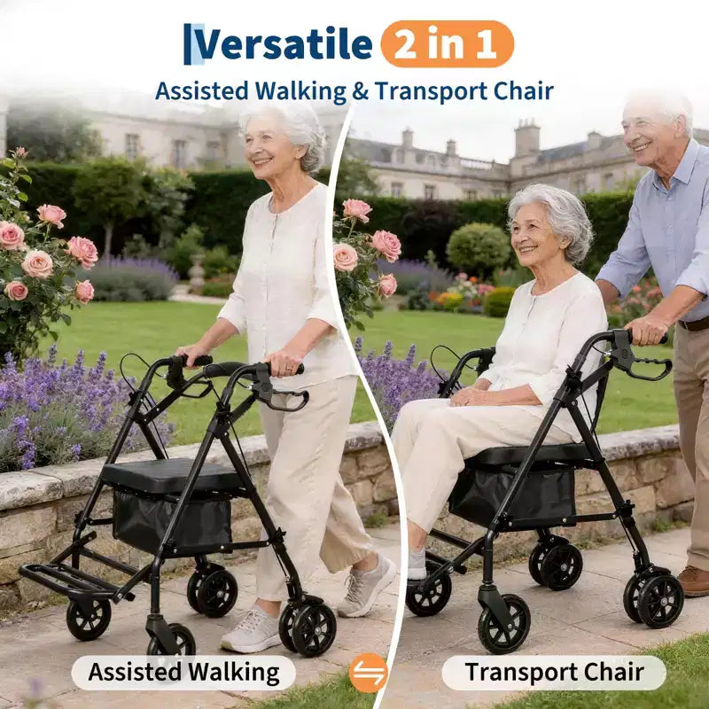 Tragbarer, zusammenklappbarer Rollstuhl für Erwachsene, 135 kg Tragkraft, 6 Räder, höhenverstellbar, Stauraum unter dem Sitz, bequemer Sitz und Fußpedal