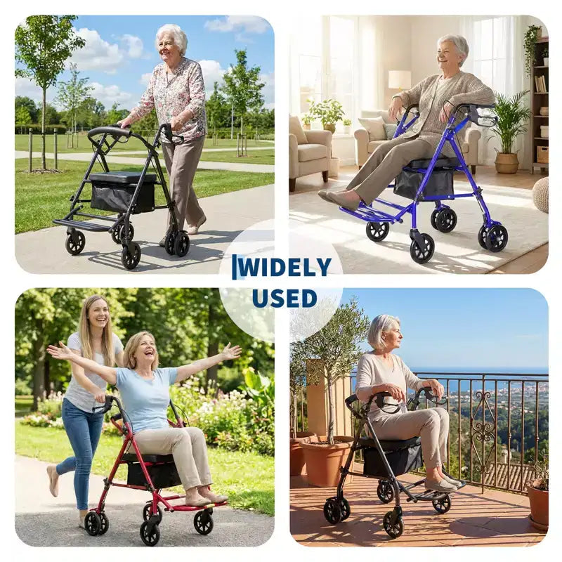 Tragbarer, zusammenklappbarer Rollstuhl für Erwachsene, 135 kg Tragkraft, 6 Räder, höhenverstellbar, Stauraum unter dem Sitz, bequemer Sitz und Fußpedal