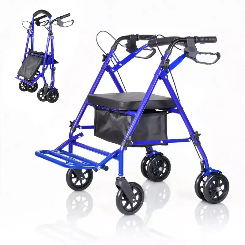 Tragbarer, zusammenklappbarer Rollstuhl für Erwachsene, 135 kg Tragkraft, 6 Räder, höhenverstellbar, Stauraum unter dem Sitz, bequemer Sitz und Fußpedal