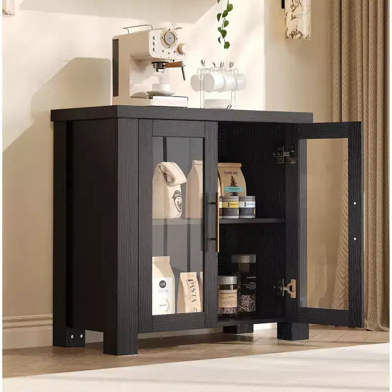 Sideboard-Buffetschrank mit Glastüren, Moderner Buffetschrank mit Stauraum, Holz-Buffettisch für Wohnzimmer, Esszimmer und Küche