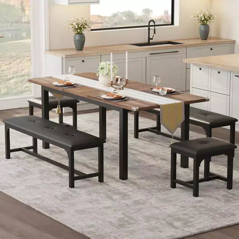 Space-Saving Extendable Dining Set For 4-8, 63 Multi-Functional Table with Benches & Stools, Waterproof, Mark-Resistant, Modern Mid-Century Style