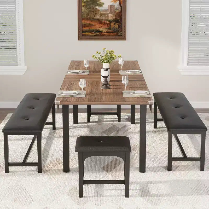 Platzsparendes ausziehbares Esszimmerset für 4-8 Personen, 63 multifunktionaler Tisch mit Bänken und Hockern, wasserdicht, kratzfest, moderner Mid-Century-Stil