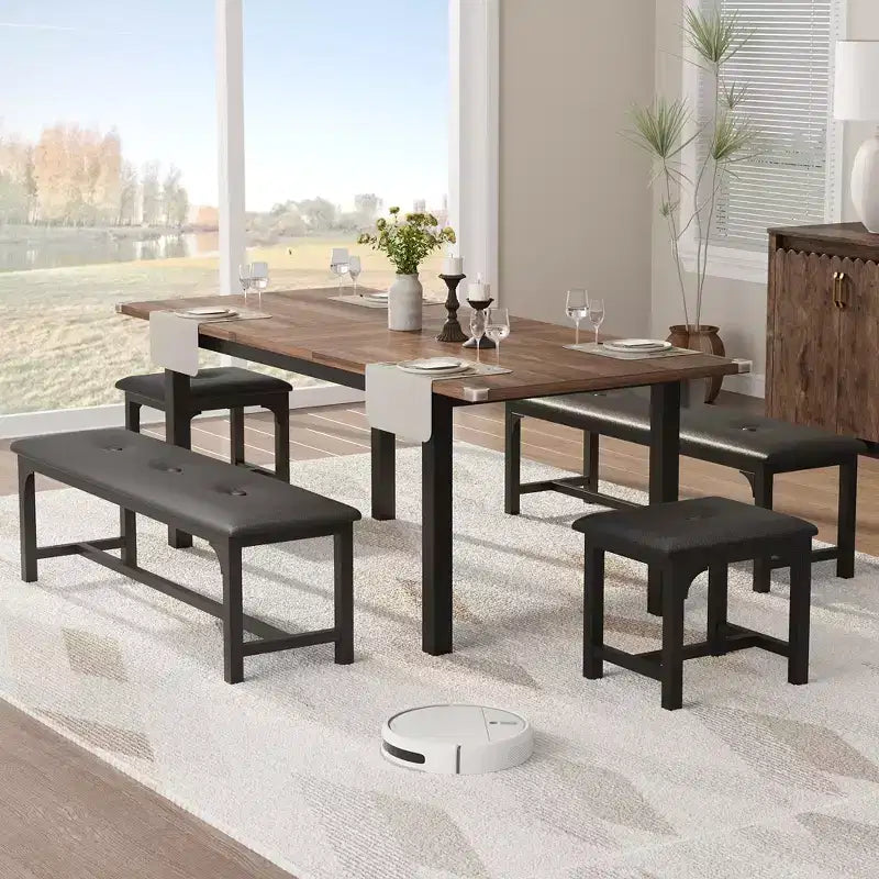 Platzsparendes ausziehbares Esszimmerset für 4-8 Personen, 63 multifunktionaler Tisch mit Bänken und Hockern, wasserdicht, kratzfest, moderner Mid-Century-Stil