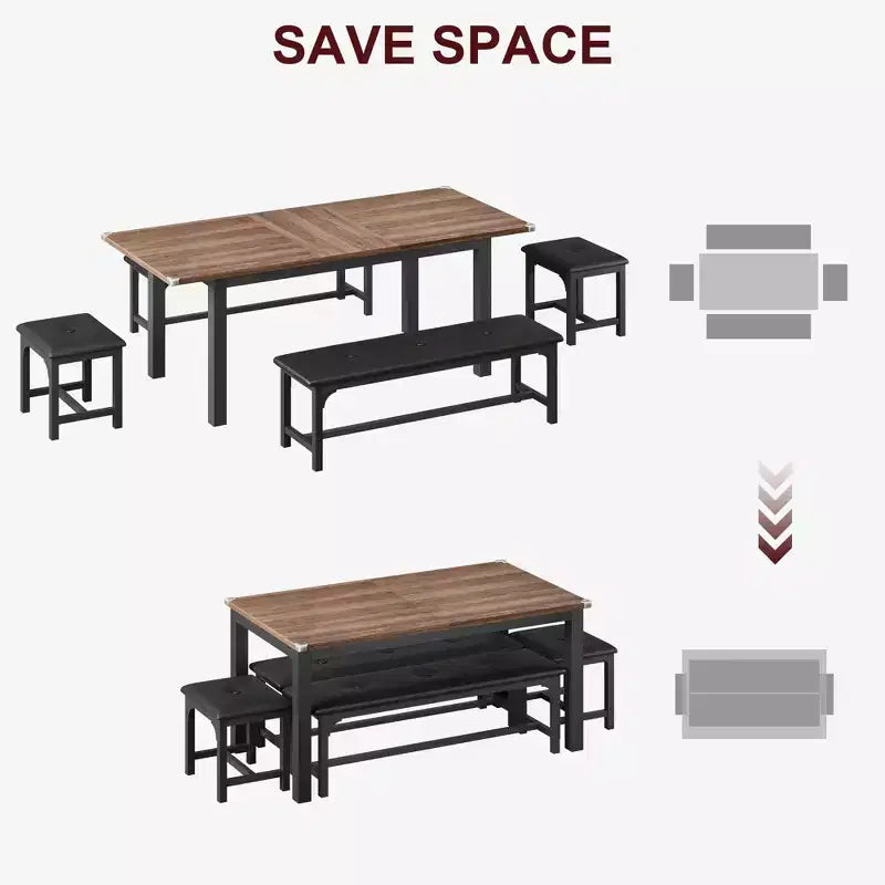 Platzsparendes ausziehbares Esszimmerset für 4-8 Personen, 63 multifunktionaler Tisch mit Bänken und Hockern, wasserdicht, kratzfest, moderner Mid-Century-Stil