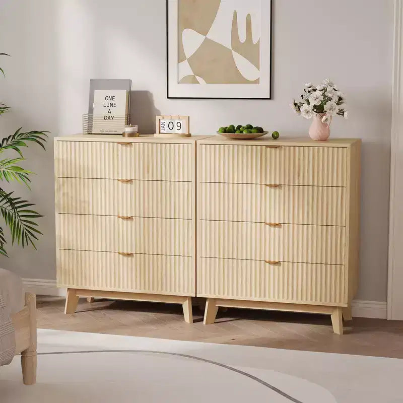 4 Drawer Dressers 2 Pcs, Fluted Closet Dressers Chest of Drawers, Wood Storage Dresser Chest of Drawers for Bedroom Living Room Hallway, Natural
