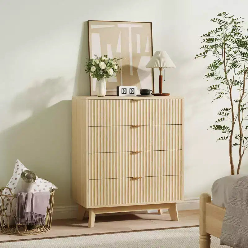 4 Schubladen Kommoden 2 Stk., Geriffelte Kleiderschrank-Kommoden, Holz-Aufbewahrungskommode für Schlafzimmer Wohnzimmer Flur, Natur