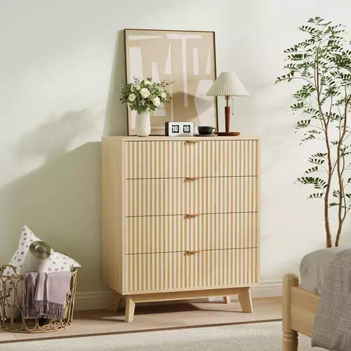 4 Schubladen Kommoden 2 Stk., Geriffelte Kleiderschrank-Kommoden, Holz-Aufbewahrungskommode für Schlafzimmer Wohnzimmer Flur, Natur