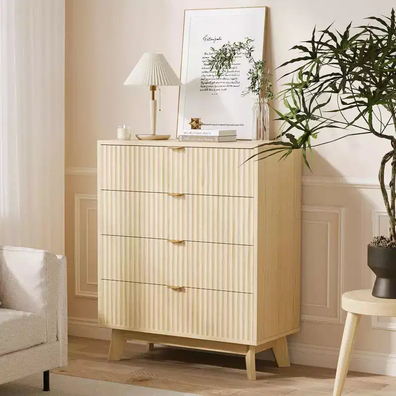 4 Schubladen Kommoden 2 Stk., Geriffelte Kleiderschrank-Kommoden, Holz-Aufbewahrungskommode für Schlafzimmer Wohnzimmer Flur, Natur