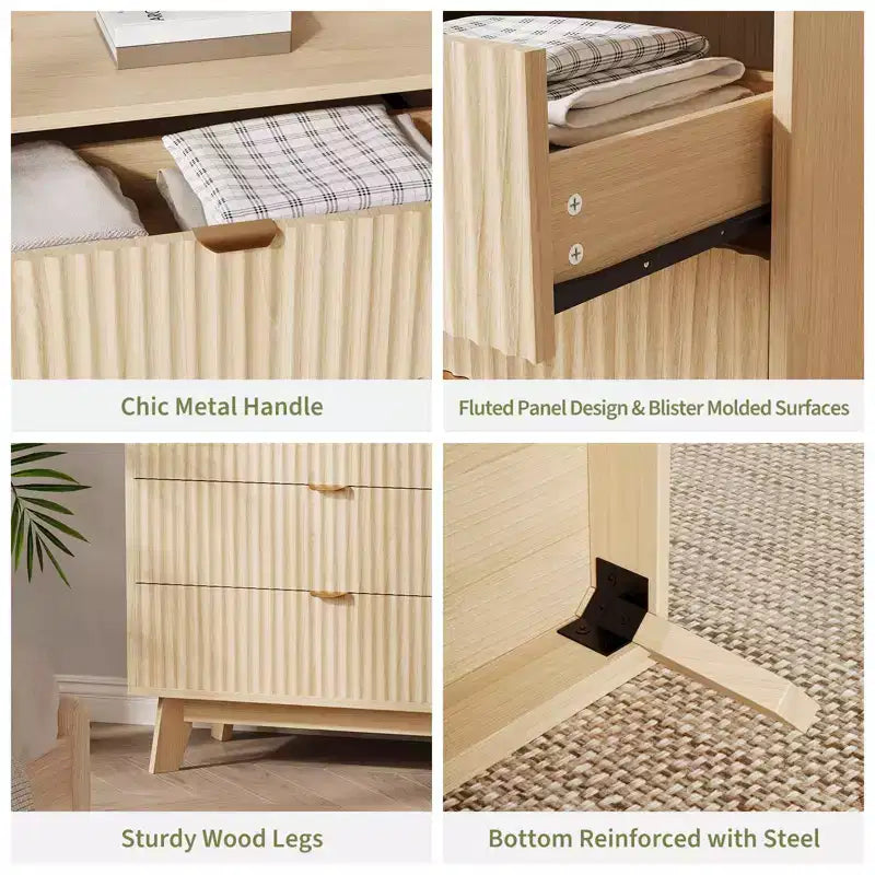 4 Schubladen Kommoden 2 Stk., Geriffelte Kleiderschrank-Kommoden, Holz-Aufbewahrungskommode für Schlafzimmer Wohnzimmer Flur, Natur