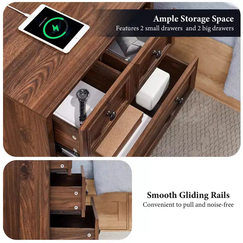 Nachttisch mit 4 Schubladen, 66 cm breiter Nachttisch mit Ladestation, Beistelltische aus Holz für Schlafzimmer, Wohnzimmer
