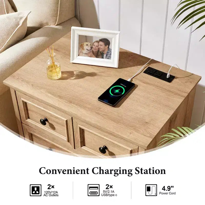 Nachttisch mit 4 Schubladen, 66 cm breiter Nachttisch mit Ladestation, Beistelltische aus Holz für Schlafzimmer, Wohnzimmer