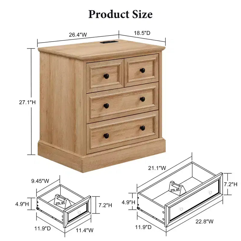 Nachttisch mit 4 Schubladen, 66 cm breiter Nachttisch mit Ladestation, Beistelltische aus Holz für Schlafzimmer, Wohnzimmer