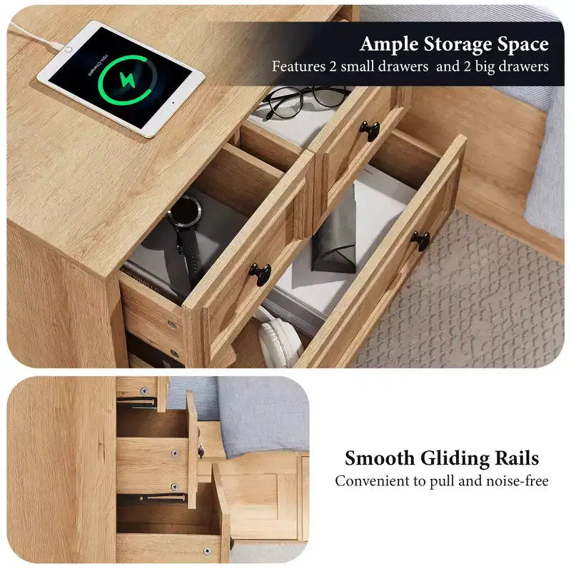 Nachttisch mit 4 Schubladen, 66 cm breiter Nachttisch mit Ladestation, Beistelltische aus Holz für Schlafzimmer, Wohnzimmer