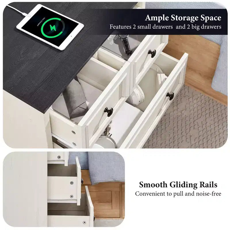 Nachttisch mit 4 Schubladen, 66 cm breiter Nachttisch mit Ladestation, Beistelltische aus Holz für Schlafzimmer, Wohnzimmer