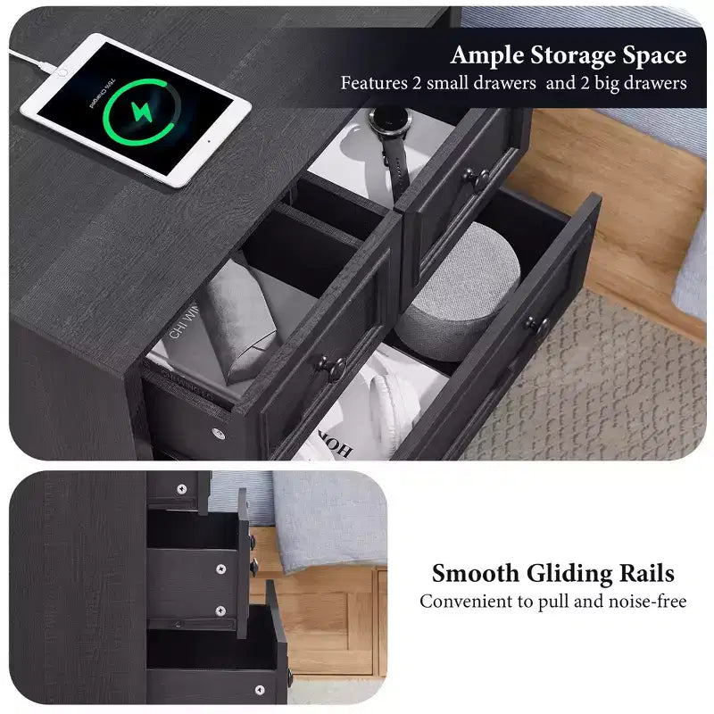 Nachttisch mit 4 Schubladen, 66 cm breiter Nachttisch mit Ladestation, Beistelltische aus Holz für Schlafzimmer, Wohnzimmer
