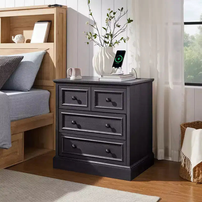 Night Stand with 4 Storage Drawers, 26 Wide Nightstand with Charging Station, Wooden End Tables for Bedroom, Living Room