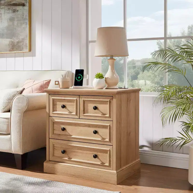 Nachttisch mit 4 Schubladen, 66 cm breiter Nachttisch mit Ladestation, Beistelltische aus Holz für Schlafzimmer, Wohnzimmer