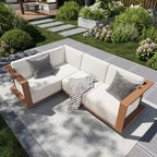 Captiva Designs Outdoor Patio Rattan Woodgrain HDPE Sectional Sofa Conversation Set with Thick Cushions