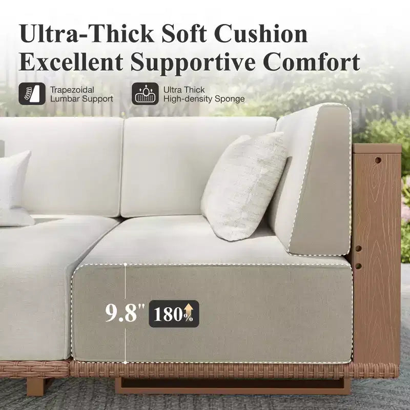 Captiva Designs Outdoor-Terrassen-Sofa-Garnitur aus Rattan und Holzmaserung mit dicken Polstern