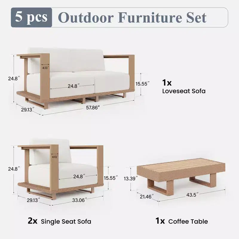 Captiva Designs Outdoor-Terrassen-Sofa-Garnitur aus Rattan und Holzmaserung mit dicken Polstern