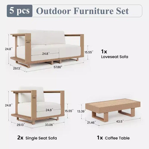 Captiva Designs Outdoor-Terrassen-Sofa-Garnitur aus Rattan und Holzmaserung mit dicken Polstern