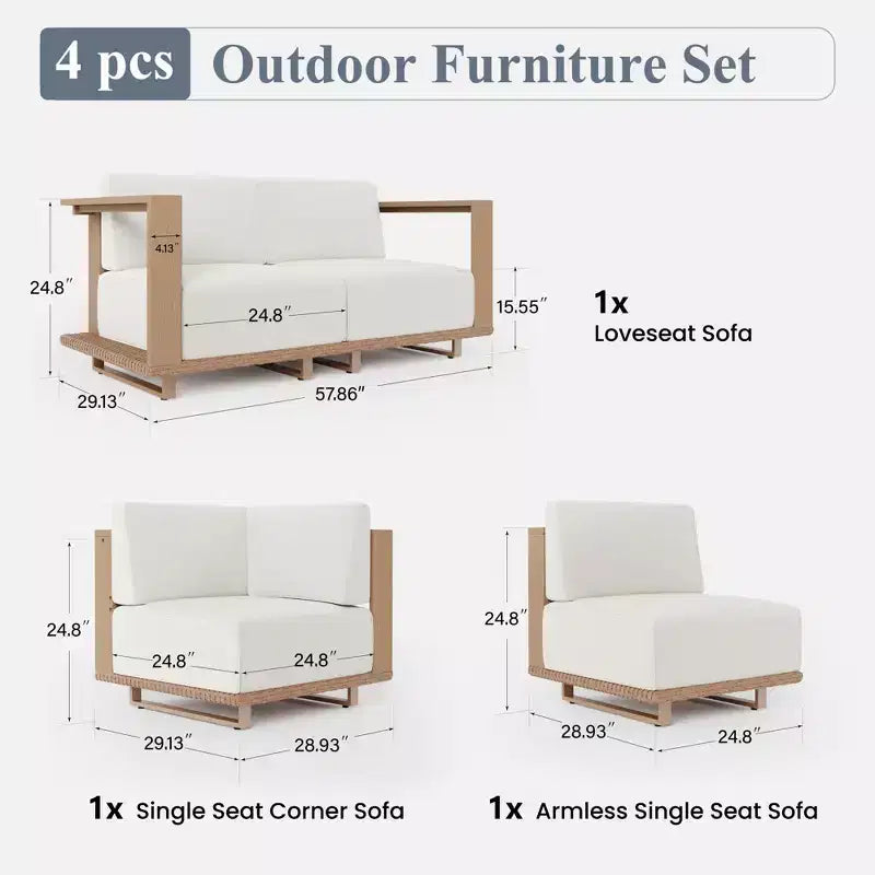 Captiva Designs Outdoor-Terrassen-Sofa-Garnitur aus Rattan und Holzmaserung mit dicken Polstern