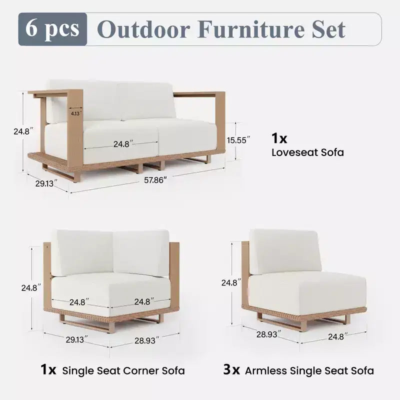 Captiva Designs Outdoor-Terrassen-Sofa-Garnitur aus Rattan und Holzmaserung mit dicken Polstern