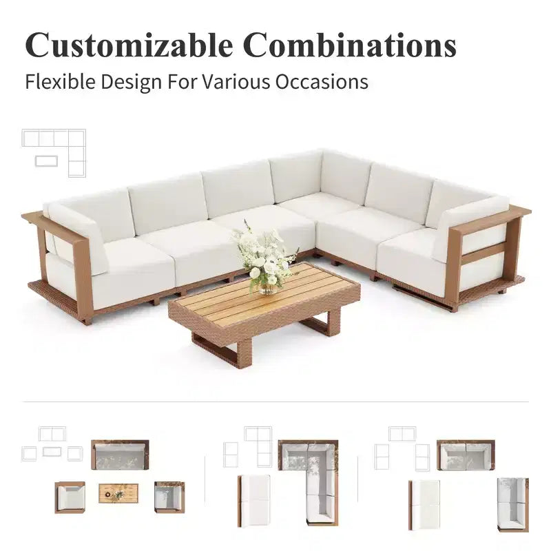Captiva Designs Outdoor-Terrassen-Sofa-Garnitur aus Rattan und Holzmaserung mit dicken Polstern
