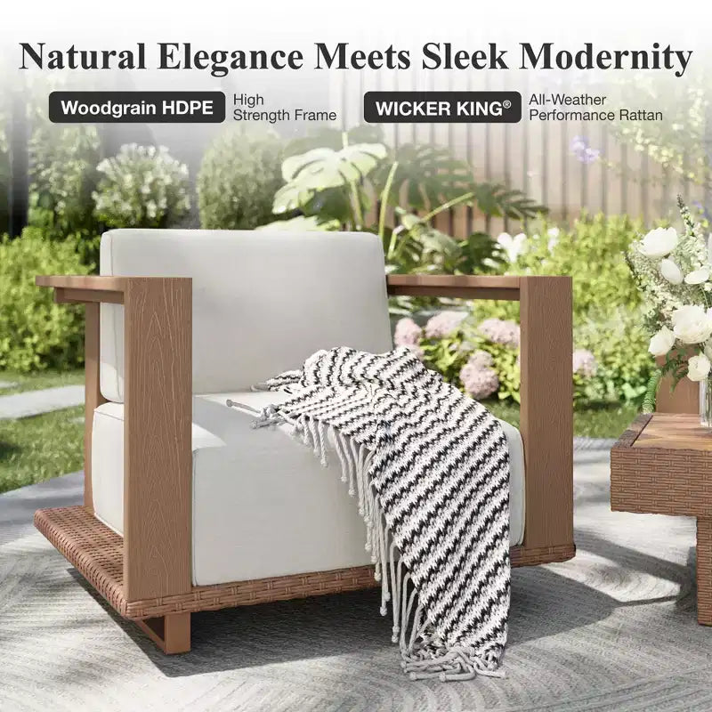 Captiva Designs Outdoor-Terrassen-Sofa-Garnitur aus Rattan und Holzmaserung mit dicken Polstern