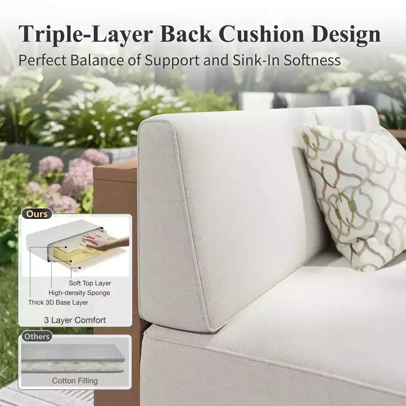 Captiva Designs Outdoor-Terrassen-Sofa-Garnitur aus Rattan und Holzmaserung mit dicken Polstern