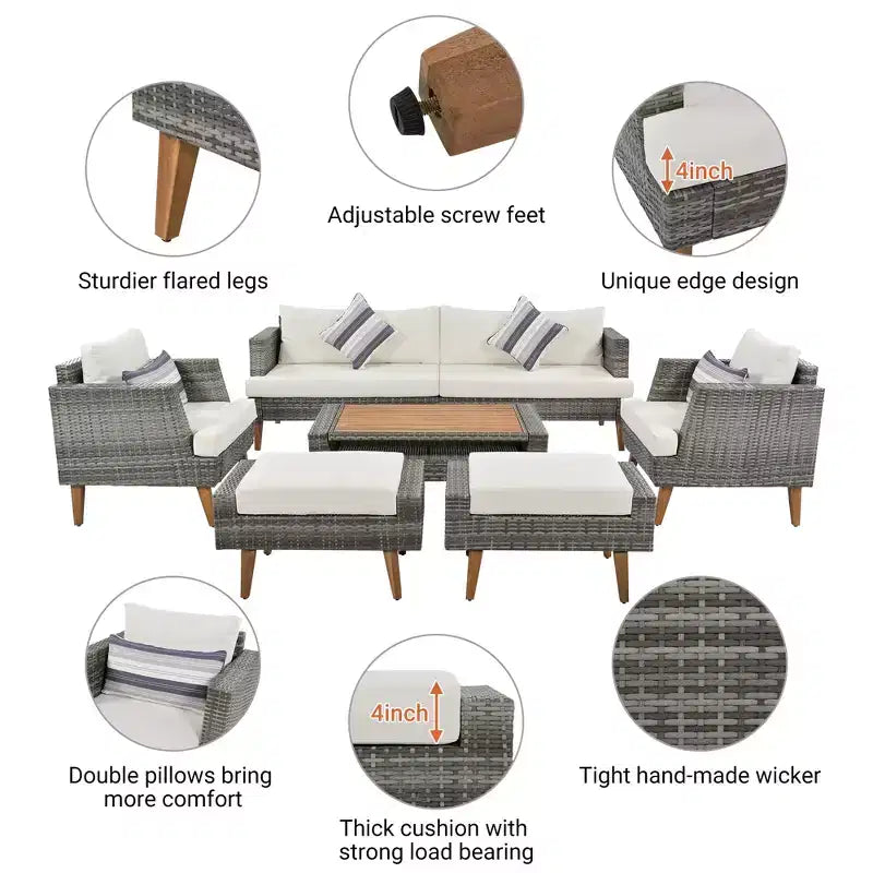 GDFStudio Arthur Patio Modernes PE-Rattan 6-teiliges Gesprächsset mit Tisch und Kissen