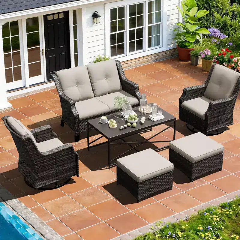 UPTIOT Outdoor-Loungeset mit Sofa, Schaukelstühlen, Hockern und Couchtisch für entspannten Komfort im Garten