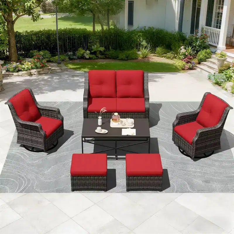 UPTIOT Outdoor-Loungeset mit Sofa, Schaukelstühlen, Hockern und Couchtisch für entspannten Komfort im Garten