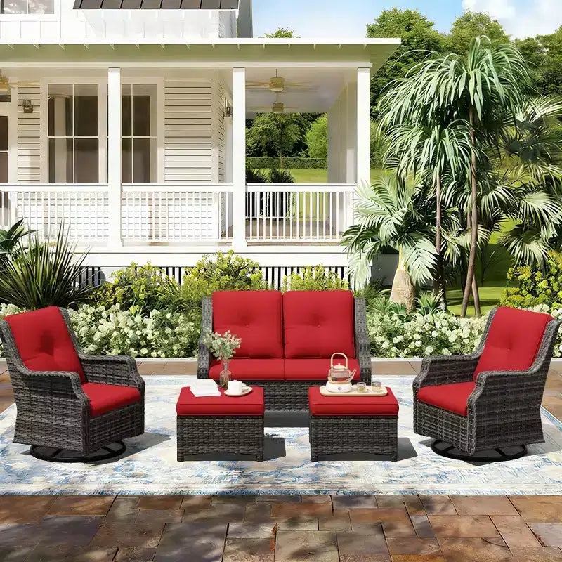 UPTIOT Modulares Outdoor-Set: 2-Sitzer-Sofa, 2 Schaukelstühle & 2 Ottomanen für flexiblen Terrassenkomfort