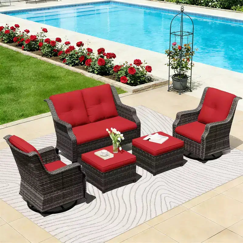 UPTIOT Modulares Outdoor-Set: 2-Sitzer-Sofa, 2 Schaukelstühle & 2 Ottomanen für flexiblen Terrassenkomfort