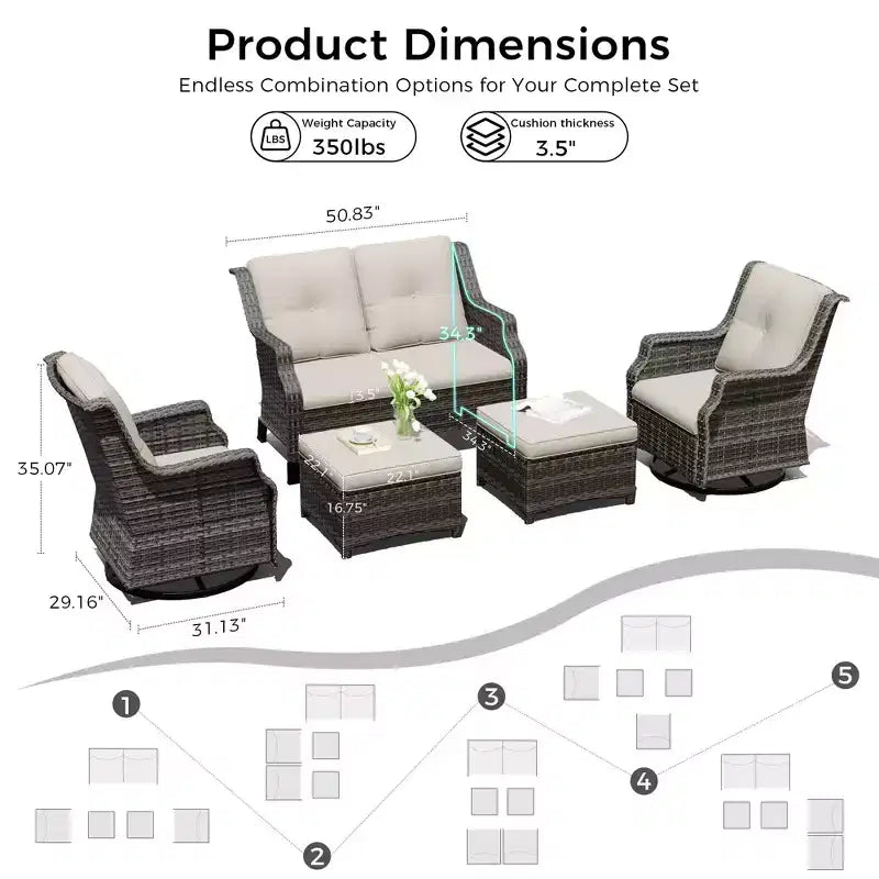 UPTIOT Modulares Outdoor-Set: 2-Sitzer-Sofa, 2 Schaukelstühle & 2 Ottomanen für flexiblen Terrassenkomfort