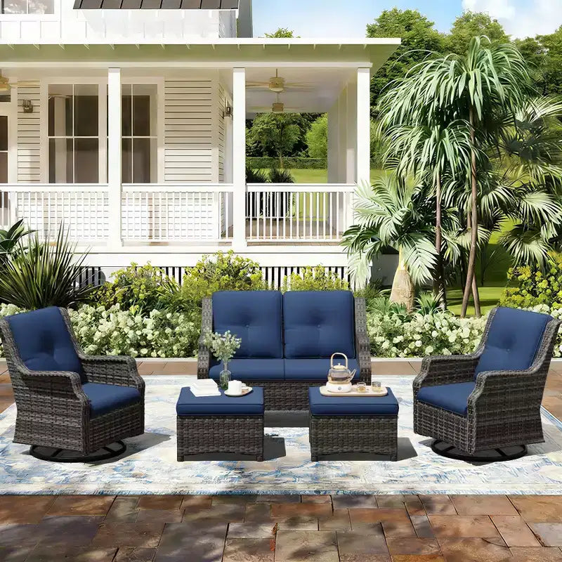 UPTIOT Modulares Outdoor-Set: 2-Sitzer-Sofa, 2 Schaukelstühle & 2 Ottomanen für flexiblen Terrassenkomfort
