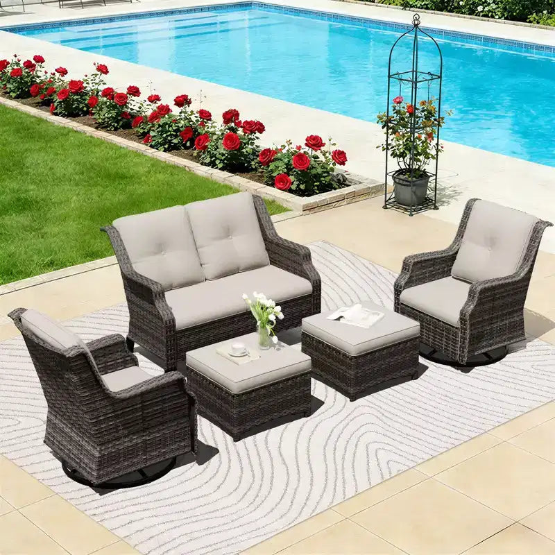 UPTIOT Modulares Outdoor-Set: 2-Sitzer-Sofa, 2 Schaukelstühle & 2 Ottomanen für flexiblen Terrassenkomfort
