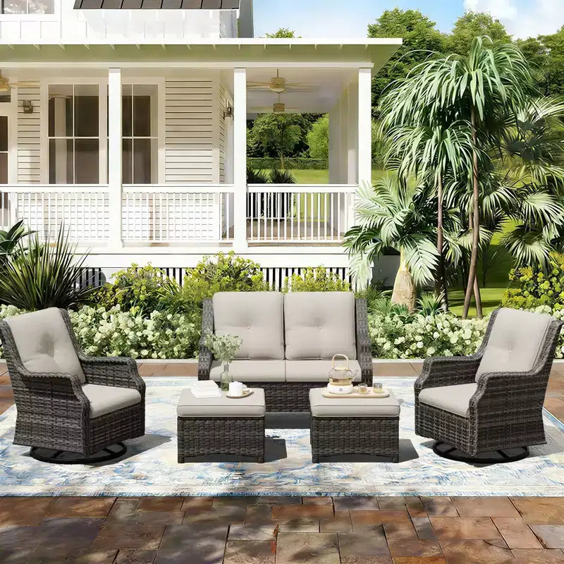 UPTIOT Modulares Outdoor-Set: 2-Sitzer-Sofa, 2 Schaukelstühle & 2 Ottomanen für flexiblen Terrassenkomfort