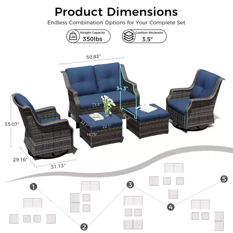 UPTIOT Modulares Outdoor-Set: 2-Sitzer-Sofa, 2 Schaukelstühle & 2 Ottomanen für flexiblen Terrassenkomfort