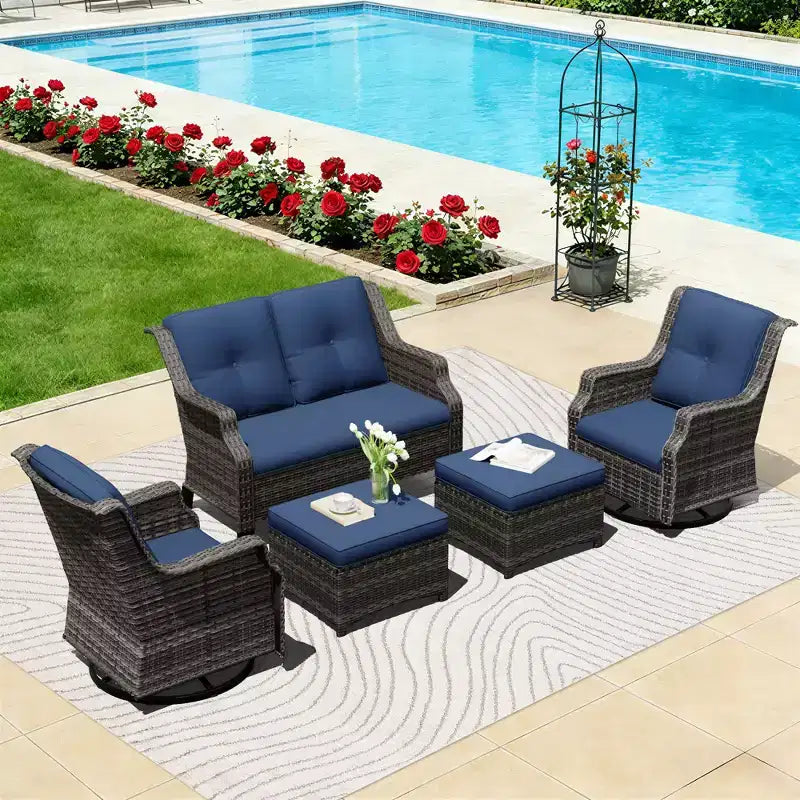 UPTIOT Modulares Outdoor-Set: 2-Sitzer-Sofa, 2 Schaukelstühle & 2 Ottomanen für flexiblen Terrassenkomfort
