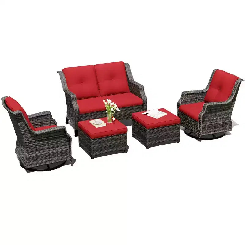 UPTIOT Modulares Outdoor-Set: 2-Sitzer-Sofa, 2 Schaukelstühle & 2 Ottomanen für flexiblen Terrassenkomfort