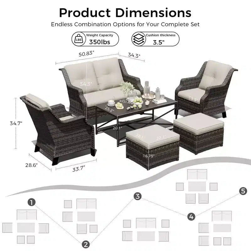 UPTIOT Outdoor-Modulset: 2-Sitzer-Sofa, 2 Schaukelstühle, 2 Ottomanen & Couchtisch für vielseitige Terrassennutzung