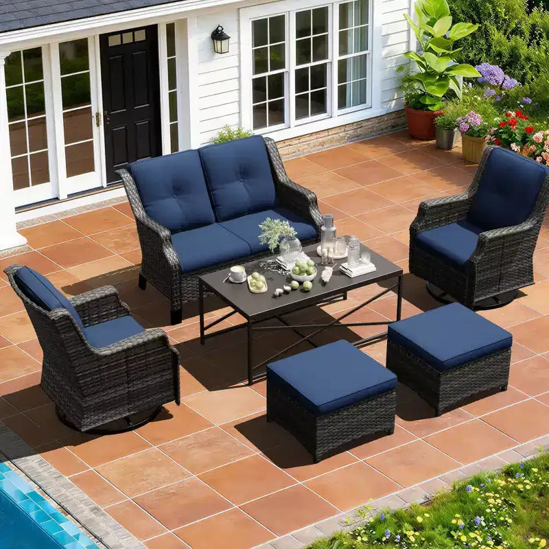 UPTIOT Outdoor-Modulset: 2-Sitzer-Sofa, 2 Schaukelstühle, 2 Ottomanen & Couchtisch für vielseitige Terrassennutzung