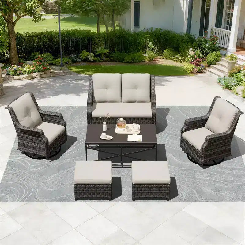 UPTIOT Outdoor-Modulset: 2-Sitzer-Sofa, 2 Schaukelstühle, 2 Ottomanen & Couchtisch für vielseitige Terrassennutzung