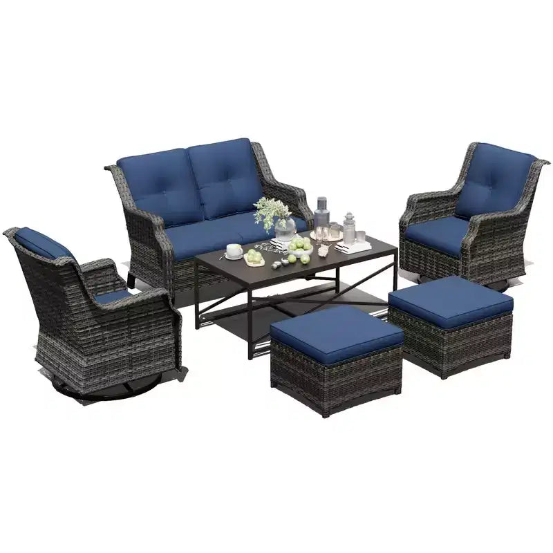 UPTIOT Outdoor-Modulset: 2-Sitzer-Sofa, 2 Schaukelstühle, 2 Ottomanen & Couchtisch für vielseitige Terrassennutzung